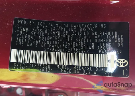 2025 Toyota Corolla Le z USA, uszkodzony, nr VIN 5YFB4MDE9SP359446